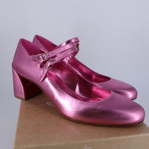 Christian Louboutin 41.5 Miss Jane 55MM Glam Pink Metallic Mary Jane Heels E879